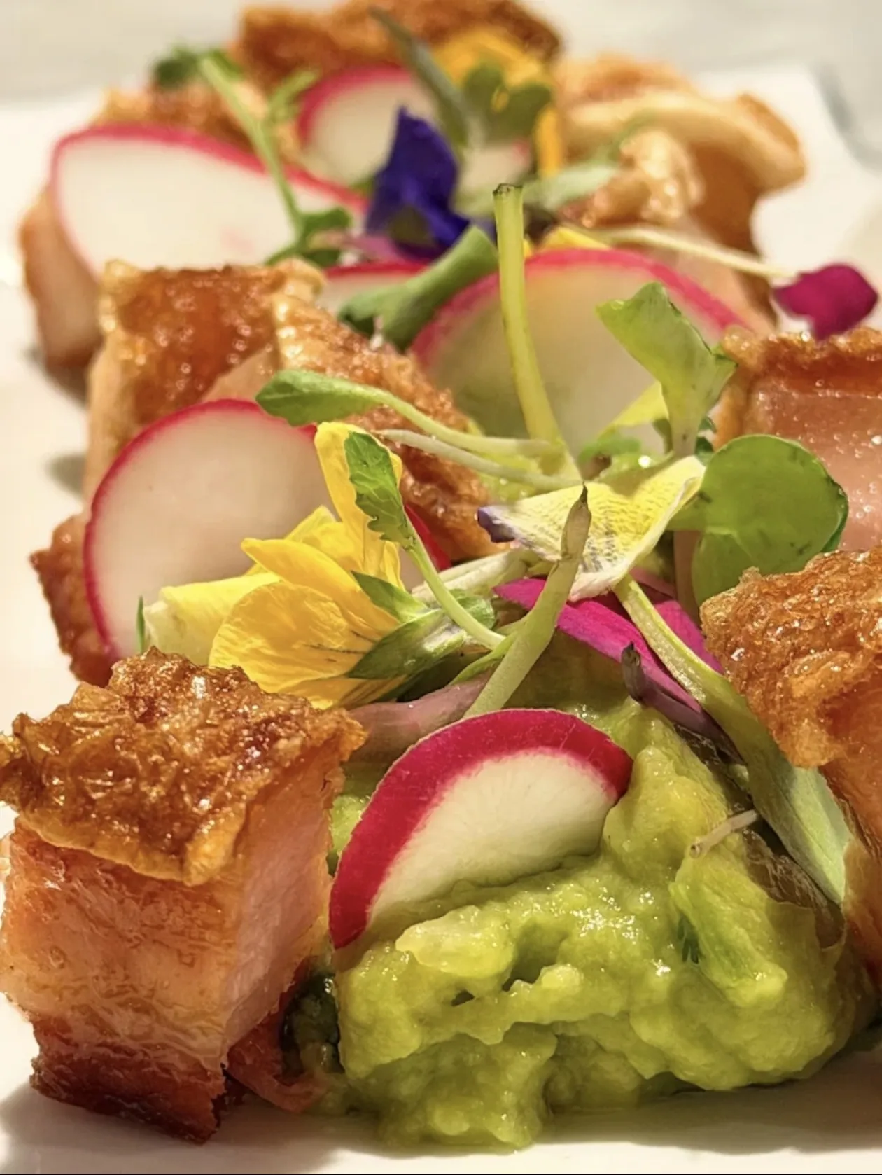Panceta crujiente con crema de aguacate y rábano